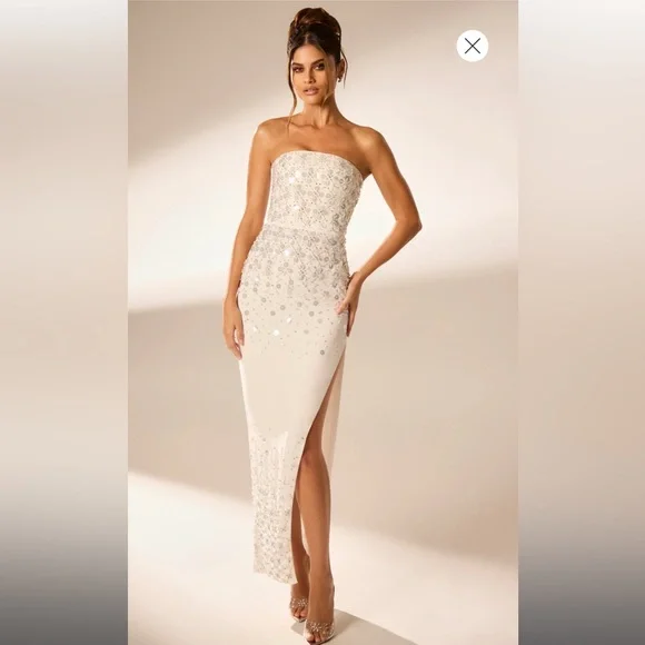 Oh Polly ALCYONE Hand Embellished Bandeau Maxi Dress in Ivory - Picture 1 of 5